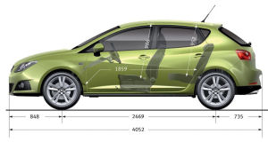 
Dessin de profil de la Seat Ibiza 5 portes.<br>Les porte  faux avant et arrire sont relativement importants pour un vhicule de cette catgorie, avec respectivement 0,848 et 0,735 m.<br>La longueur totale de la Seat Ibiza dpasse 4,05 m, ce qui la place dans la moyenne de sa catgorie (avec les Peugeot 207, Fiat Grande Punto, Renault Clio 3,...). L'habitabilit est correcte, avec notamment le plus grand coffre de sa catgorie.

 
